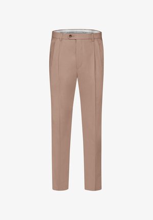Beige tailored trousers with a flat front, two side pockets, and a single button closure. Smooth fabric with a soft texture. Regular fit.