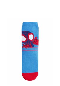 Calcetín de algodón azul con un gráfico de Spider-Man rojo, con la punta roja sólida y un fondo azul claro acentuado por rayas moradas.