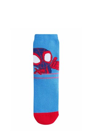 Blaue Baumwollsocke mit einem roten Spider-Man-Design, einer einfarbigen roten Spitze und einem hellblauen Hintergrund, der von lila Streifen akzentuiert wird.