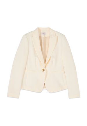 Sacou de damă de culoare crem, cu rever tăiat în V, închidere cu un singur nasture și talie croită, expus pe fundal alb.