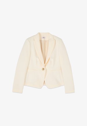 Sacou de damă de culoare crem, cu rever tăiat în V, închidere cu un singur nasture și talie croită, expus pe fundal alb.