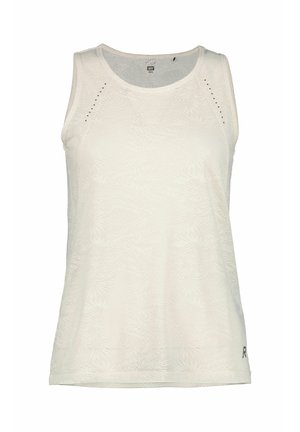 Canottiera bianca con motivo floreale testurizzato; scollo rotondo e design senza maniche; piccoli strass sulle cuciture delle spalle; tessuto morbido.