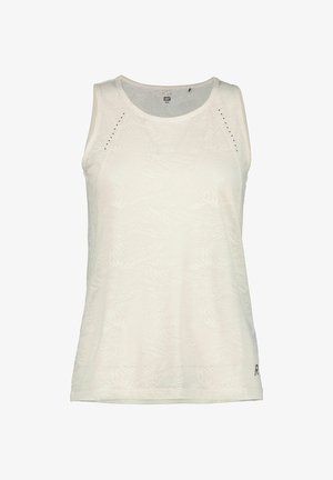 Hvid top uden ærmer med et struktureret, blomsteragtigt mønster; rund halsudskæring og ærmeløs design; små rhinsten ved skuldersømme; blødt stof.