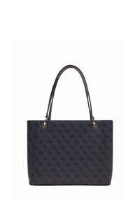 Zwart tote bag met een gestructureerd oppervlak, voorzien van een subtiel patroon, dubbele handvatten en accenten in goudkleurige hardware. Rechthoekige vorm.