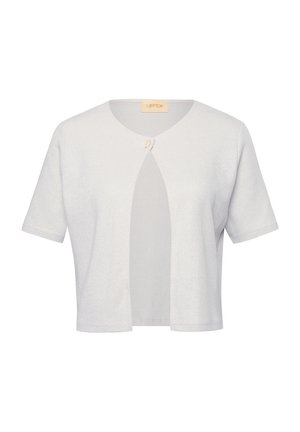 Korte mouw, open voorkardigan in lichtgrijs met een subtiele glans. Heeft een ronde halslijn en een enkele knoopsluiting bij de hals.