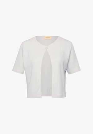 Cardigan à manches courtes, ouvert à l'avant, en gris clair avec un léger éclat. Il présente un encolure ronde et une fermeture à un bouton au niveau du cou.