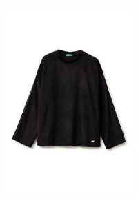 Černá mikina z měkké, texturované látky. Má dlouhé rukávy, kulatý výstřih a nenápadnou značkovou cedulku na spodním lemu.
