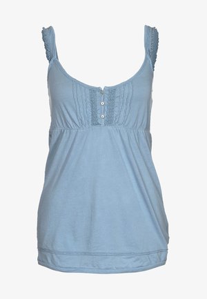 Débardeur en coton bleu clair avec un col rond, des boutons décoratifs et des accents en dentelle sur les bretelles, avec une coupe A-line décontractée.