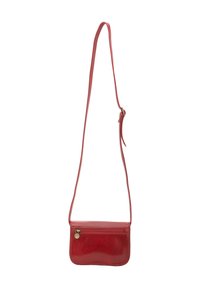 Borsa a tracolla rossa in pelle con una texture liscia, forma rettangolare, tasca anteriore con zip e una tracolla sottile regolabile.