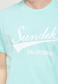 T-shirt in cotone azzurro chiaro con stampa grafica bianca di "Sundek" e "CALIFORNIA", con colletto rotondo e maniche corte.