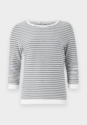 Siva in bela horizontally črtasta majica z dolgimi rokavi, z rokavi do 3/4 in belimi obrobami na manšetah, okrog vratu in na robu.