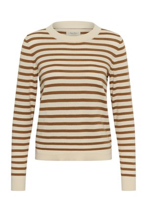Pull à rayures horizontales crème et marron à manches longues avec encolure ronde et poignets et ourlet côtelés.