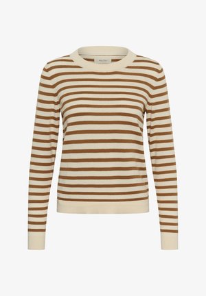 Dugotrajni džemper s kremasto smeđim horizontalnim prugama, okruglim izrezom i rebrastim manšetama i donjim rubom.