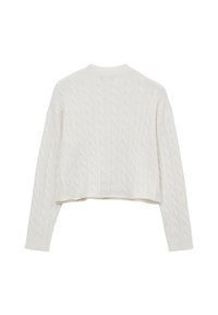 Weißer, kabelgestrickter Pullover mit einem verkürzten Design, langen Ärmeln und gerippten Bündchen. Mit klassischem Rundhalsausschnitt und strukturierter Musterung über das gesamte Stück.