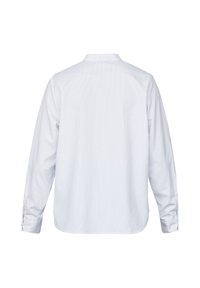 Langærmet skjorte i lyseblå og hvide lodrette striber, med en traditionel krave og knapdetaljer ved manchetterne. Blød stoffet overflade.