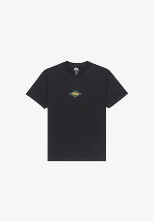 T-shirt de algodão preta com decote redondo, apresentando um logótipo em forma de diamante em amarelo e turquesa no centro. Mangas curtas.
