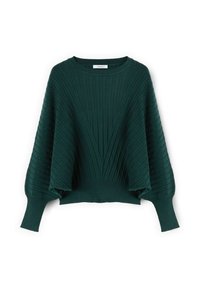 Maglione a coste verde con una silhouette ampia, maniche a palloncino e un motivo testurizzato, dotato di scollatura a girocollo e orlo aderente.