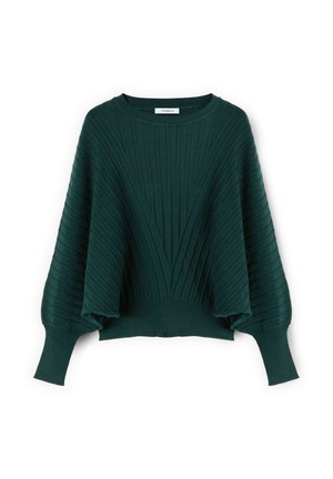 Maglione a coste verde con una silhouette ampia, maniche a palloncino e un motivo testurizzato, dotato di scollatura a girocollo e orlo aderente.