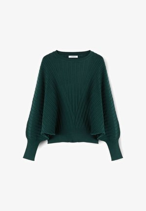 Grüner gerippter Strickpullover mit weiter Silhouette, Balloonärmeln und strukturiertem Muster, mit rundem Halsausschnitt und schmalem Saum.
