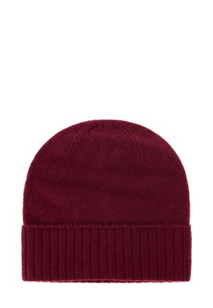 Burgundy knit beanie with a ribbed cuff. Soft texture, rounded top, and seamless design suitable for cold weather.