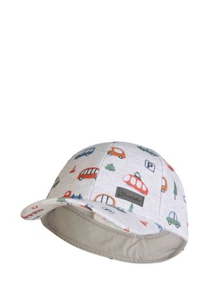 Light gray children's cap with colorful vehicle and tree prints, featuring a short brim and a Sterntaler brand label.
