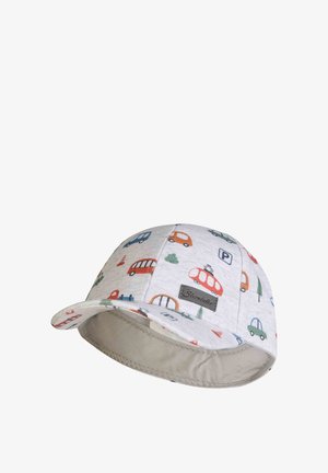 Light gray children's cap with colorful vehicle and tree prints, featuring a short brim and a Sterntaler brand label.