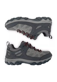 Grau-schwarze wasserdichte Wanderschuhe mit roten Schnürsenkeln, Mesh- und synthetischen Einsätzen, robusten Sohlen und Zuglaschen an Ferse und Zunge.
