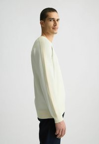 Lichtgroene trui met ribbelige crèmekleurige accenten langs de mouwen en de onderzoom. Zachte textuur en aansluitend ontwerp. Flat collar, lange mouwen.