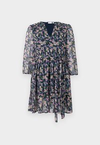 Rochie cu imprimeu floral dintr-un material transparent, având o bază albastră marin, decolteu în V, mâneci lungi și o fustă plisată cu detaliu de legare.