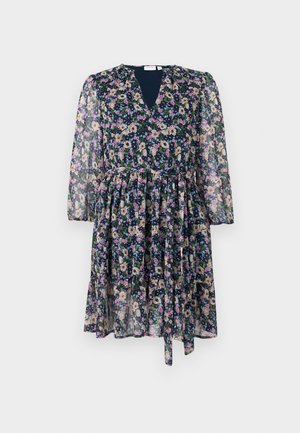 Kleid mit Blumendruck aus transparenter Stoff, mit einem marineblauen Grundton, V-Ausschnitt, langen Ärmeln und einem gerafften Rock mit einem Bindedetail.