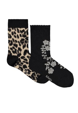 Paar knielange Socken, eines mit schwarzem und beigem Leopardenmuster, das andere schwarz mit weißem Blumenmuster und dem Schriftzug „Molo“ am Fuß.