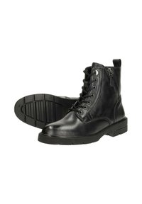 Zwarte leren enkellaarzen met vetersluiting aan de voorkant, zijrits, gestructureerde zool, ronde neus en versterkte stiksels. Ideaal voor casual draag.