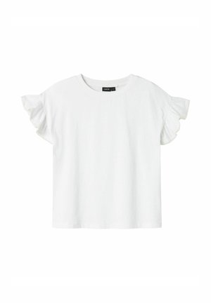 Blouse blanche à manches courtes avec manches à volants et col rond, avec une petite étiquette noire au cou portant la mention "LMTD".