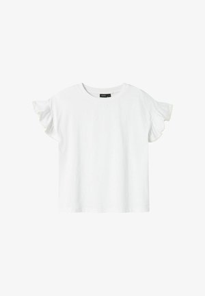 Blouse blanche à manches courtes avec manches à volants et col rond, avec une petite étiquette noire au cou portant la mention "LMTD".