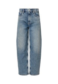 Jeans in denim blu chiaro con una vestibilità rilassata, vita alta, gambe dritte e una leggera scoloritura. Caratterizzati da un classico design a cinque tasche e chiusura frontale con bottone.