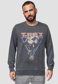 Grijze sweatshirt met lange mouwen met een T-Rex-afbeelding en tekst, geribbeld ronde hals en mouwen. Heeft een blauw driehoekontwerp en vintage details van de tour in 1993.