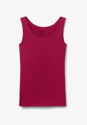 Haut sans manches ajusté de couleur bordeaux unie. Fabriqué en coton doux, il présente un col arrondi et une texture lisse.