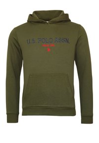 Felpa verde oliva in misto cotone, con tasca frontale, cappuccio con cordino e logo ricamato in blu navy e rosso.