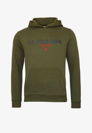Olive green hoodie made of cotton blend, featuring a front pocket, drawstring hood, and embroidered logo in navy and red.