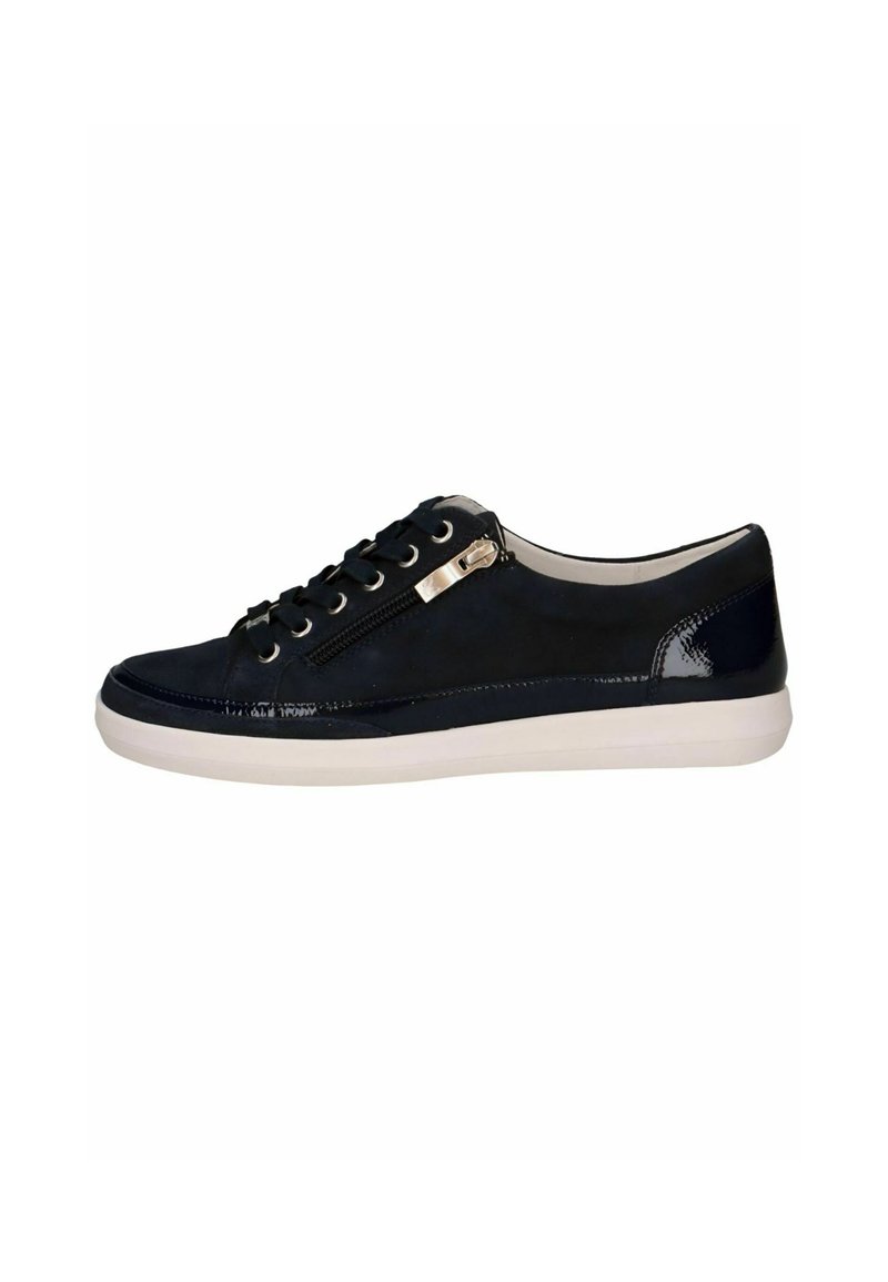 Sneaker blu navy in pelle con finitura testurizzata, dotato di chiusura con zip, punta rotonda e suola in gomma bianca.