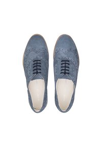 Blue suede lace-up shoes with a brogue design, featuring perforated accents, a smooth inner lining, and a textured rubber sole.