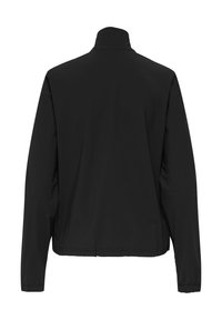 Veste noire avec un col montant, des manches longues, et une texture lisse et mate sans motifs ni marques apparentes.