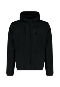 Felpa nera con zip, cappuccio regolabile e tasche frontali, realizzata in tessuto testurizzato. Presenta un piccolo logo sulla cerniera.