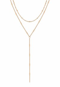 Złocona naszyjnik warstwowy z teksturowanymi ogniwami, zawierający dwa łańcuchy i centralny łańcuch wiszący dla dodatkowych szczegółów.