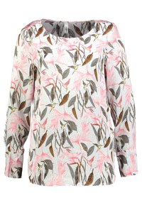Blusa a maniche lunghe bianca con un motivo floreale che presenta foglie rosa, grigie e marroni. Tessuto testurizzato con sottili pois.