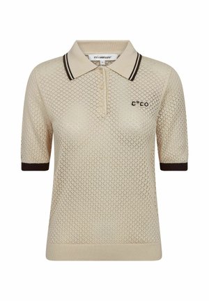 Beeži lühikeste varrukatega kootud polo tekstuurse mustriga, tumepruuni krae ja varrukaäärega, kolm nööpi ning "co'couture" logo rinnal.