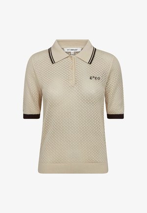 Béžové krátky rukáv pletené polo tričko s textúrovaným vzorom, tmavohnedým golierom a lemovaním rukávov, tromi gombíkmi a logom "co'couture" na hrudi.