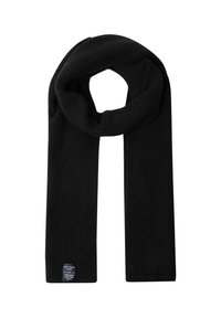 Melna ribota adīta šalle salocīta, ar etiķeti, uz kuras redzams zīmola nosaukums "Pepe Jeans London" vienā galā, uz balta fona.