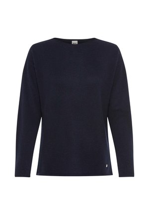 Langarm-Navyblauer Pullover mit Rundhalsausschnitt und einem kleinen Metalllogo auf der linken unteren Seite.