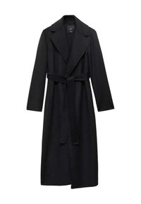 Manteau long en mélange de laine noir avec une taille ceinturée, des revers larges et des manches longues. Présente un design épuré et minimaliste avec une silhouette décontractée.